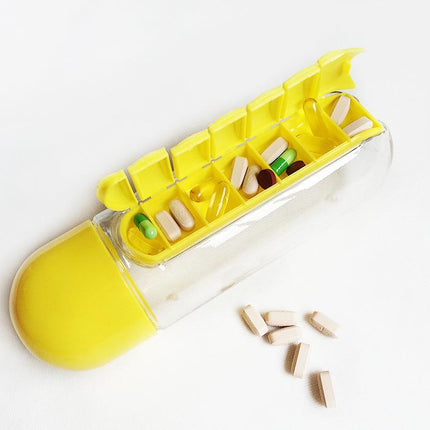 2pc 2-in-1 Water Bottle with 7-Day Pill Organizer - 600ml BPA-Free, Portable & Leakproof(Yellow)