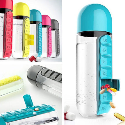 2pc 2-in-1 Water Bottle with 7-Day Pill Organizer - 600ml BPA-Free, Portable & Leakproof(Red)