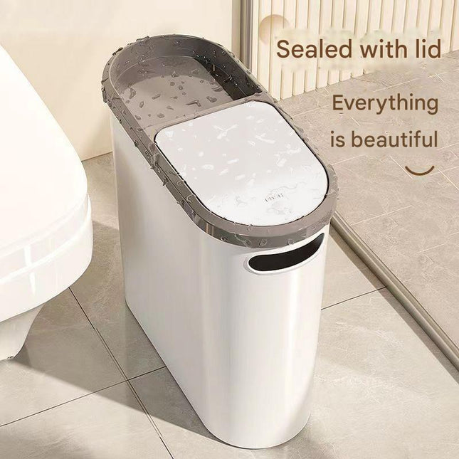 Slim Press-Top Trash Can with Top Storage Compartment