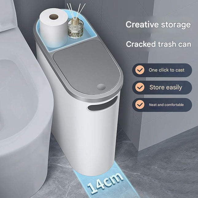 Slim Press-Top Trash Can with Top Storage Compartment