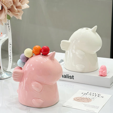 Adorable Unicorn Ceramic Fruit Fork Holder Set - Includes Stainless Steel Forks with Ball Tops(yellow)