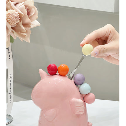 Adorable Unicorn Ceramic Fruit Fork Holder Set - Includes Stainless Steel Forks with Ball Tops(green)