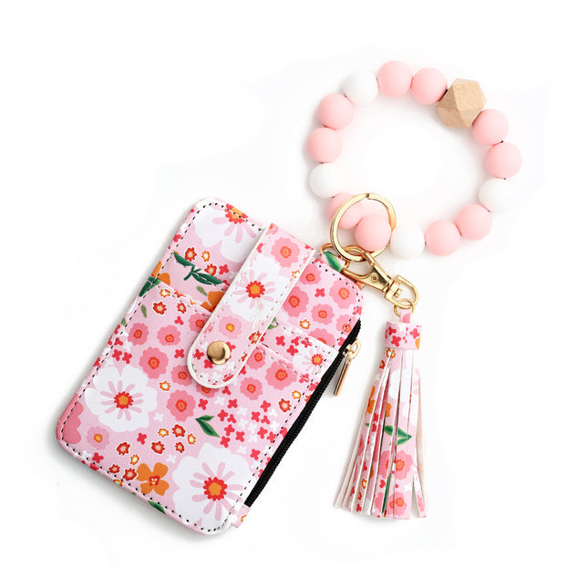 Floral Slim Card Holder Wallet with Beaded Keychain Bracelet & Tassel