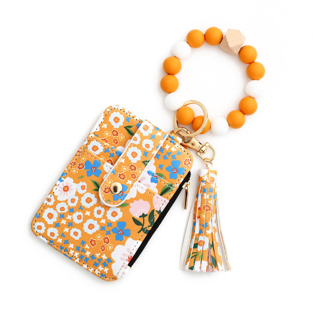 Floral Slim Card Holder Wallet with Beaded Keychain Bracelet & Tassel