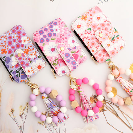 Floral Slim Card Holder Wallet with Beaded Keychain Bracelet & Tassel - 4 Card Slots, ID Window(Yellow)