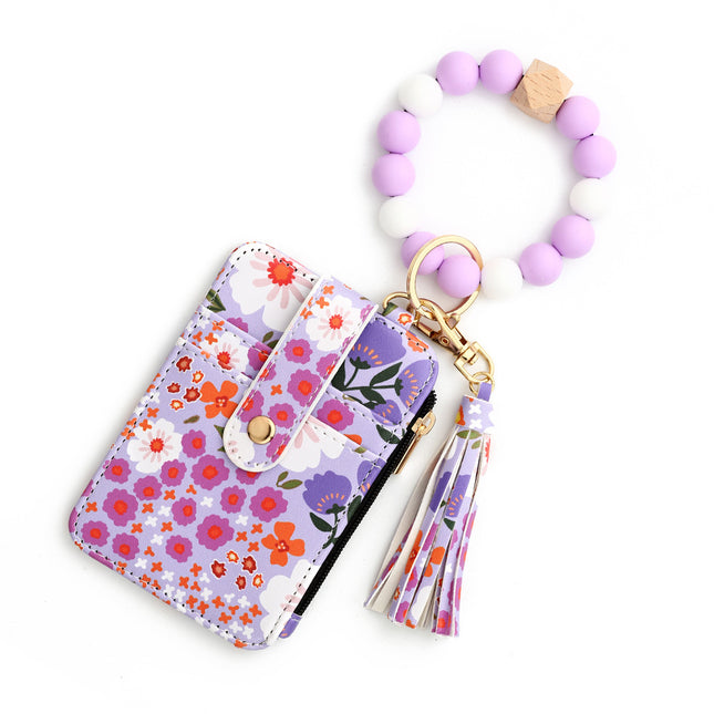 Floral Slim Card Holder Wallet with Beaded Keychain Bracelet & Tassel