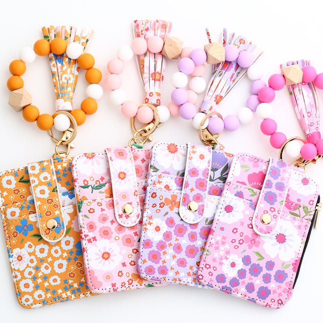 Floral Slim Card Holder Wallet with Beaded Keychain Bracelet & Tassel – product detail