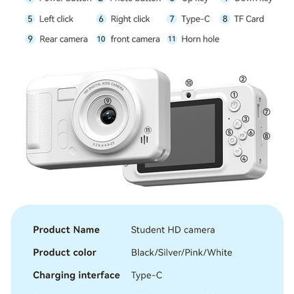 Student HD Digital Camera - 44MP, 8x Zoom, Autofocus, Dual Lens, Type-C Charging (Black)