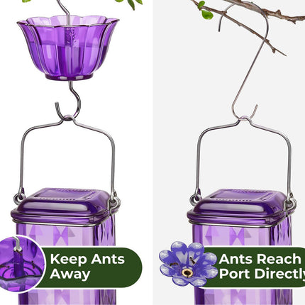 Elegant Hanging Hummingbird Feeder - Decorative Glass Nectar Bottle with Ant Moat, 6 Feeding Ports(Purple)