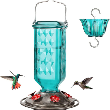 Elegant Hanging Hummingbird Feeder - Decorative Glass Nectar Bottle with Ant Moat, 6 Feeding Ports(Green)