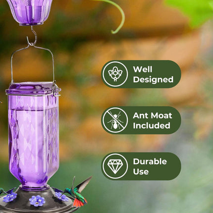Elegant Hanging Hummingbird Feeder - Decorative Glass Nectar Bottle with Ant Moat, 6 Feeding Ports(Green)