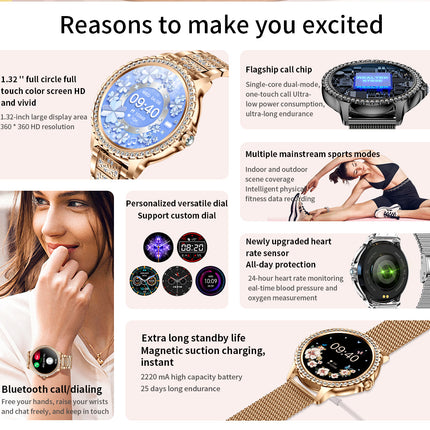 Elegant Women's Smartwatch,HD Touchscreen, Bluetooth Calls, Health Monitoring(Silver)