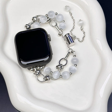 2-pcs Silver Elegant Cat's Eye Beaded Bracelet Band for Apple Watch - Women's Luxury Strap (Compatible Size :42/44/45MM )
