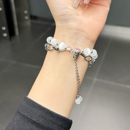 2-pcs Silver Elegant Cat's Eye Beaded Bracelet Band for Apple Watch - Women's Luxury Strap (Compatible Size :42/44/45MM )