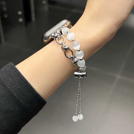 2-pcs Silver Elegant Cat's Eye Beaded Bracelet Band for Apple Watch - Women's Luxury Strap (Compatible Size :42/44/45MM )