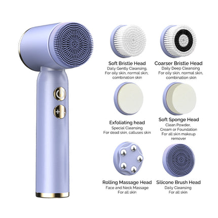 Green 6-in-1 Electric Facial Cleansing Brush Set - Rechargeable & Waterproof