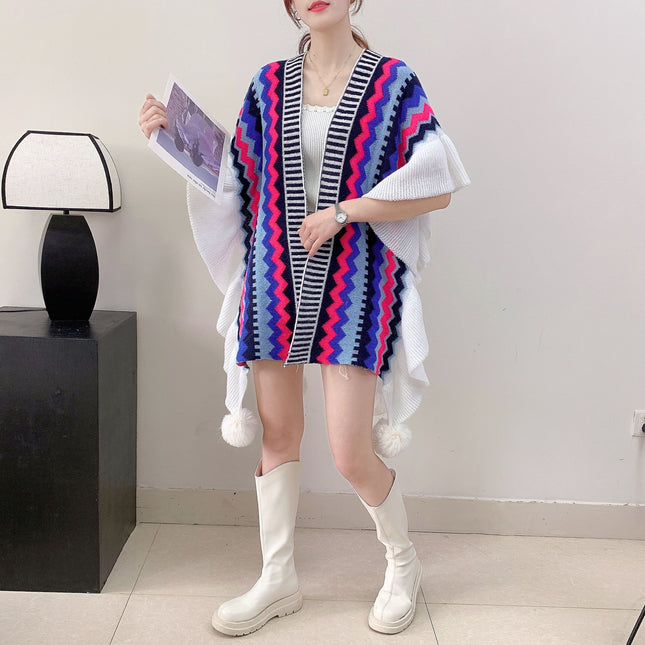 Blue Black Women's printed knitted cardigan cape with ruffled sleeves (Style 6)
