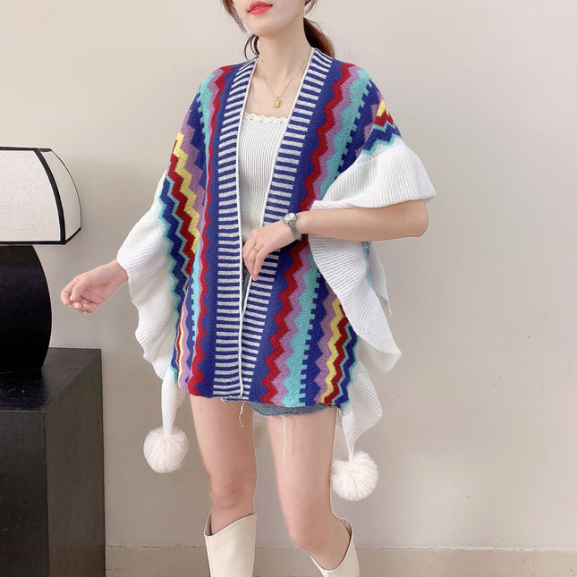 Dark Blue Women's Printed Knitted Cardigan Cape with Ruffled (Style 3)