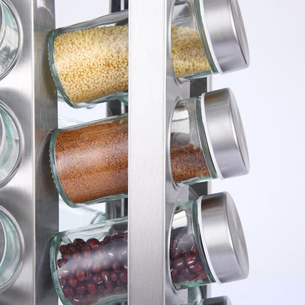Modern stainless steel square spice revolving rack with 12 (88 ml each) empty glass jars