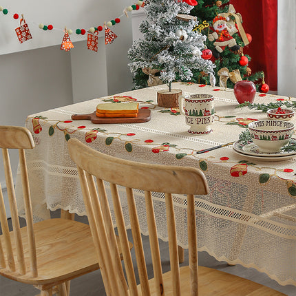 Embroidered Christmas Tablecloth - Embroidered Bells & Holly Design (140*200cm)