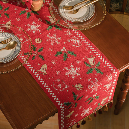 Red Christmas Table Runner with Tassels - Festive Snowflake & Bell Print (35*180cm)