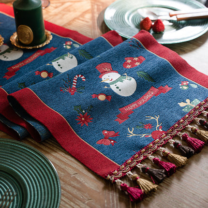 Blue Christmas Festive Table Runner - Blue with Snowman, Reindeer and Happy Holidays (35*180cm)