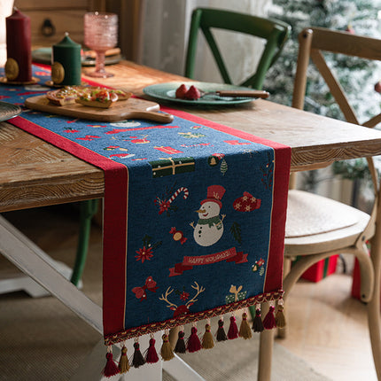 Blue Christmas Festive Table Runner - Blue with Snowman, Reindeer and Happy Holidays (35*200cm)