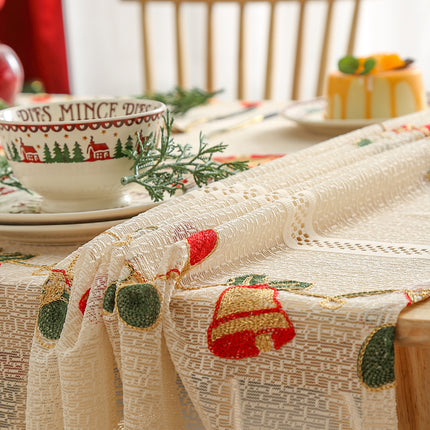 Embroidered Christmas Tablecloth - Embroidered Bells & Holly Design (140*305cm)