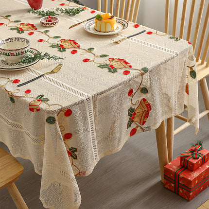 Embroidered Christmas Tablecloth - Embroidered Bells & Holly Design (140*305cm)
