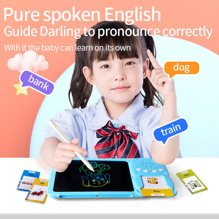 Blue (112 cards, pure English) Kids Interactive Early Education Toy: Combination Card Reader & LCD Drawing Board for Toddlers