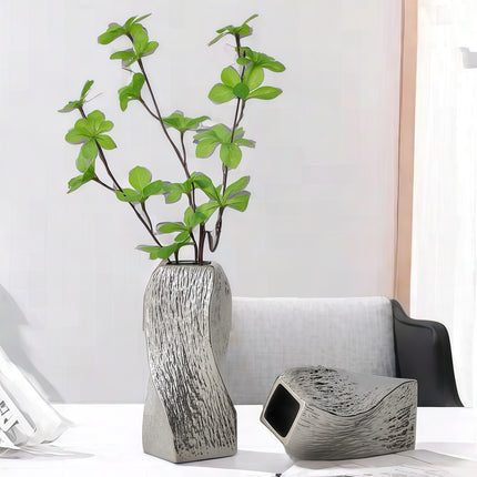 Silver Abstract Twisted Ceramic Vase - Artistic Minimalist Flower Holder for Home Decor (20x10x10cm)