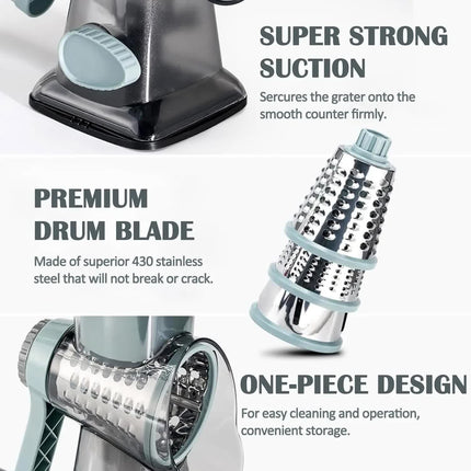 Red Rotary Cheese Grater & Vegetable Slicer - Manual Shredder with 3 Interchangeable Drums