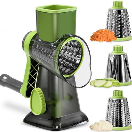 Green Rotary Cheese Grater & Vegetable Slicer - Manual Shredder with 3 Interchangeable Drums