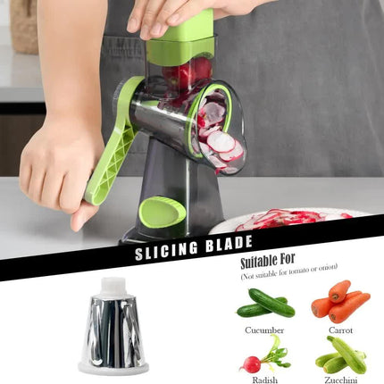 Green Rotary Cheese Grater & Vegetable Slicer - Manual Shredder with 3 Interchangeable Drums