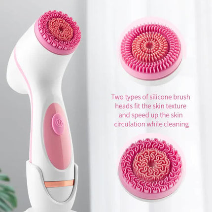 Pink Waterproof Facial Cleansing Spin Brush Set - Rechargeable with 3 Heads & Charging Stand