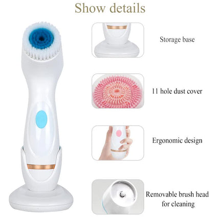 Pink Waterproof Facial Cleansing Spin Brush Set - Rechargeable with 3 Heads & Charging Stand