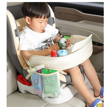 Kids Car Seat Travel Tray - Waterproof Lap Desk with Storage Pockets (Beige Bear - Round)