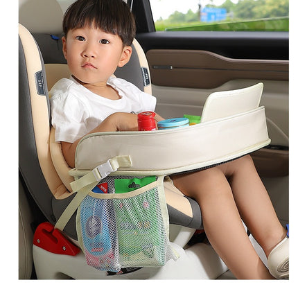 Kids Car Seat Travel Tray - Waterproof Lap Desk with Storage Pockets (Beige Bear - Round)