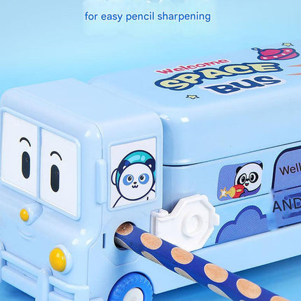 2-pcs Pink Fun School Bus Pencil Box with Built-in Sharpener - 3 Layer Large Capacity Stationery Box for Kids
