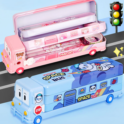 2-pcs (One pink and one blue) Fun School Bus Pencil Box with Built-in Sharpener - 3 Layer Large Capacity Stationery Box for Kids