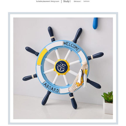 Nautical Wooden Rudder Wall Decor - 34cm Coastal Home Decor Accent (Light blue pull net rudder)
