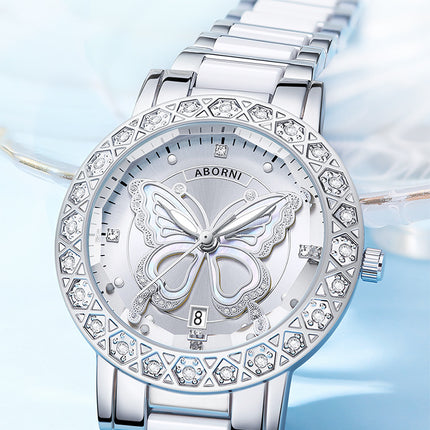 Women's Butterfly Quartz Watch with Ceramic Steel Strap and Luminous Hands (Silver shell white surface steel belt)
