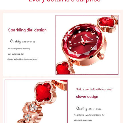 Red Women's Four-Leaf Clover Quartz Watch with Red Dial and Crystal Accents