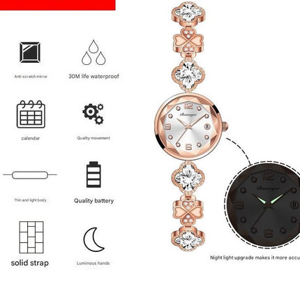 White Women's Four-Leaf Clover Quartz Watch with Red Dial and Crystal Accents