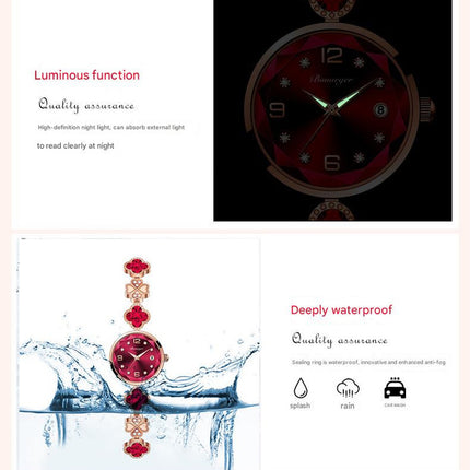 White Women's Four-Leaf Clover Quartz Watch with Red Dial and Crystal Accents