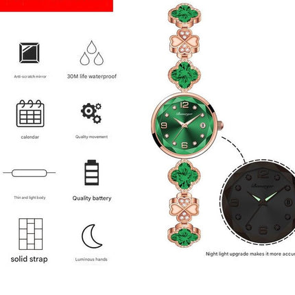 Green Women's Four-Leaf Clover Quartz Watch with Red Dial and Crystal Accents