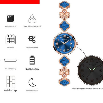 Blue Women's Four-Leaf Clover Quartz Watch with Red Dial and Crystal Accents
