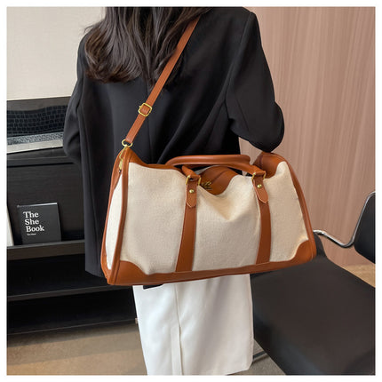 Brown Contrast Color Women's Travel Bag - Canvas & PU Leather Trim Luggage (32x21x14cm)