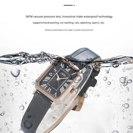 Rose gold shell, white plate, green belt Ladies Quartz Watch - Classic Rectangular, Leather Band