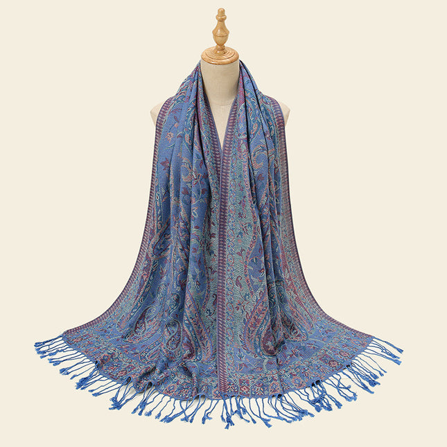 Blue Elegant Retro Paisley Print Scarf for Women